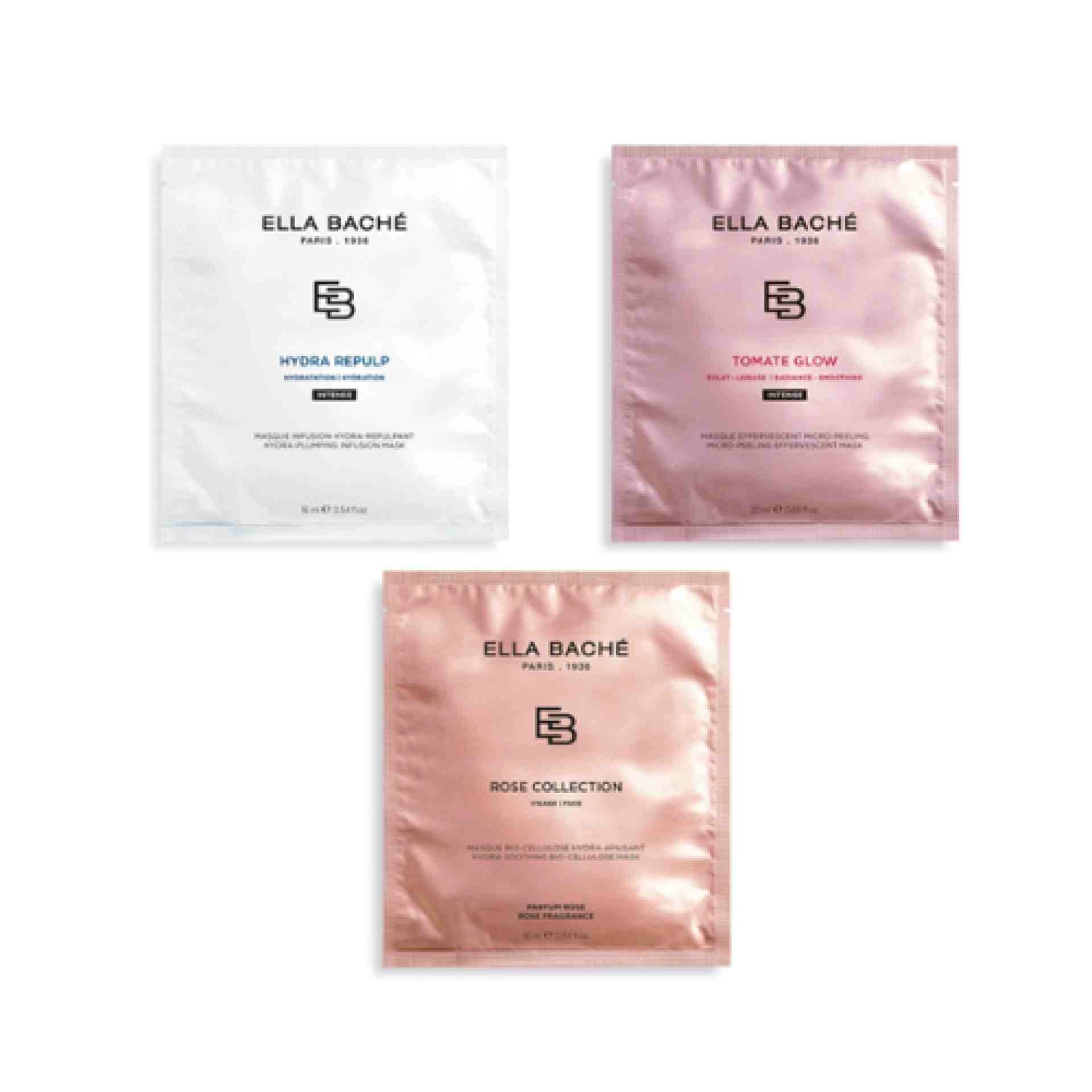 Kit 3 mascarillas: Effervescent Micro-Peeling + Masque Infusion Hydra-Repulpant + Masque Bio-cellulose Hydra Roses -  Ella Baché ®